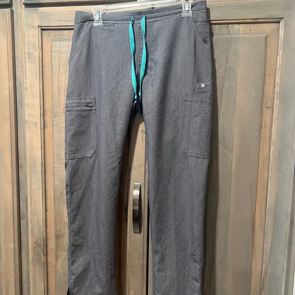 Figs Gray Skinny Pants with Teal Drawstring
